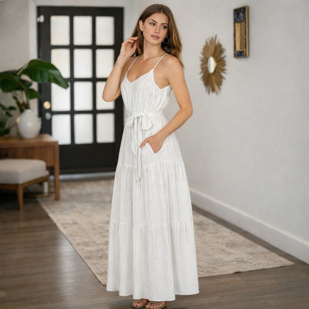 Lulus All the Right Places White Striped Sleeveless Tiered Maxi Dress